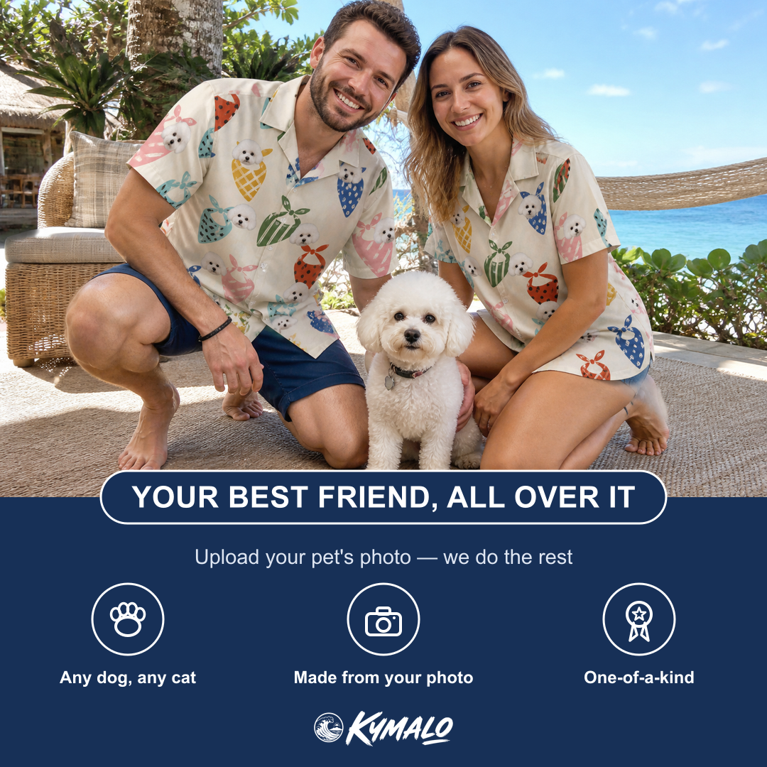 Friends in matching Women's Bandana Banter Custom Dog Face Hawaiian Shirt — a group gift photo