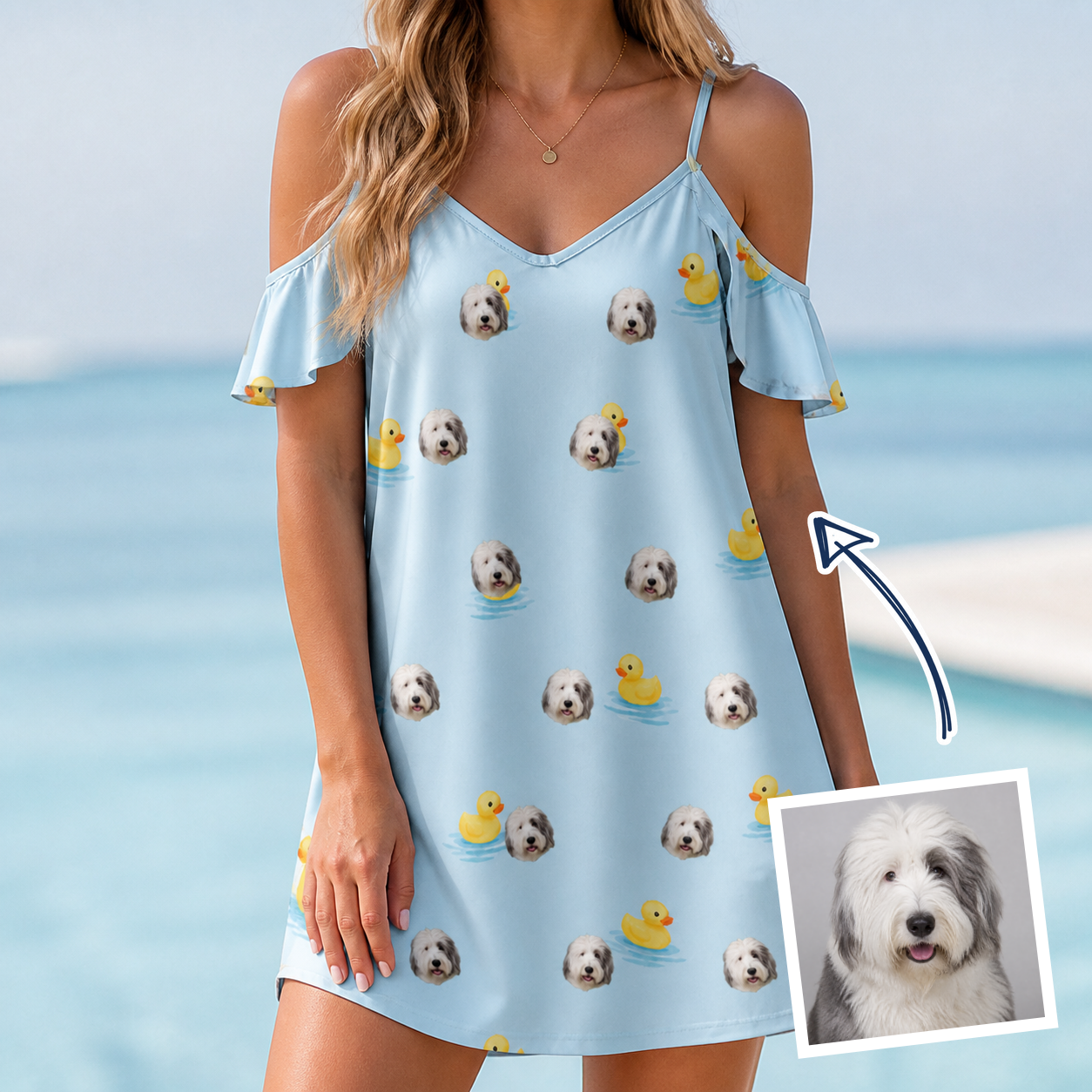 Woman wearing Women's Rubber Rover Custom Dog Face Off-Shoulder Dress — custom faces printed all-over