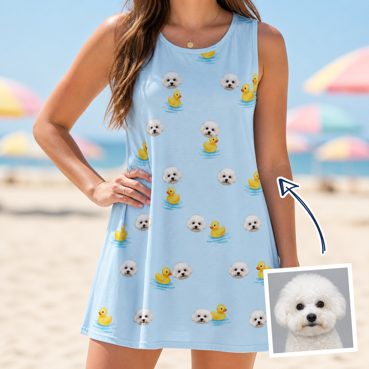 Woman wearing Women's Rubber Rover Custom Dog Face Tank Dress — custom faces printed all-over