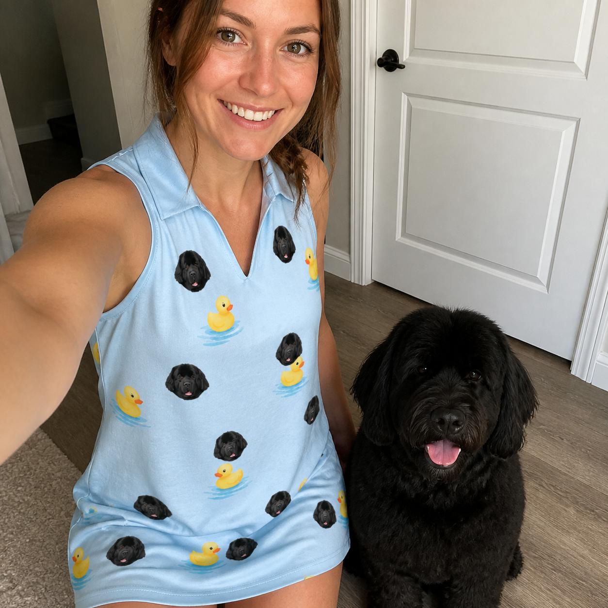Selfie with the pet whose face is printed all over this Women's Rubber Rover Custom Dog Face V-Neck Dress