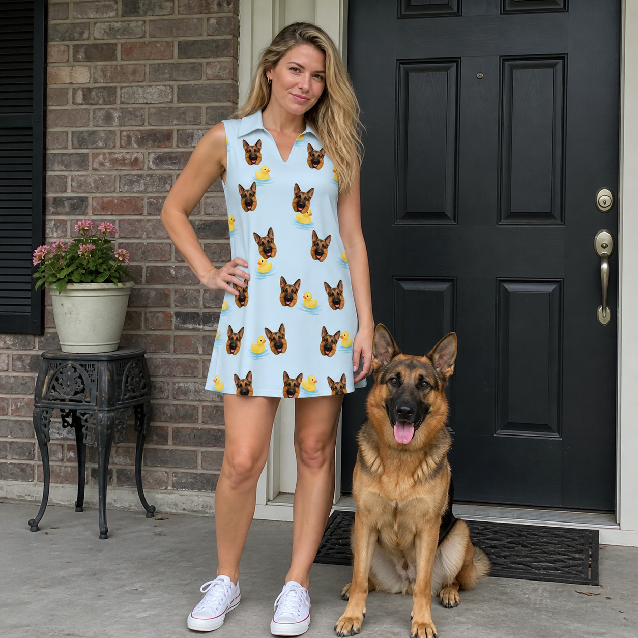 Full-length photo with the pet printed all over this Women's Rubber Rover Custom Dog Face V-Neck Dress