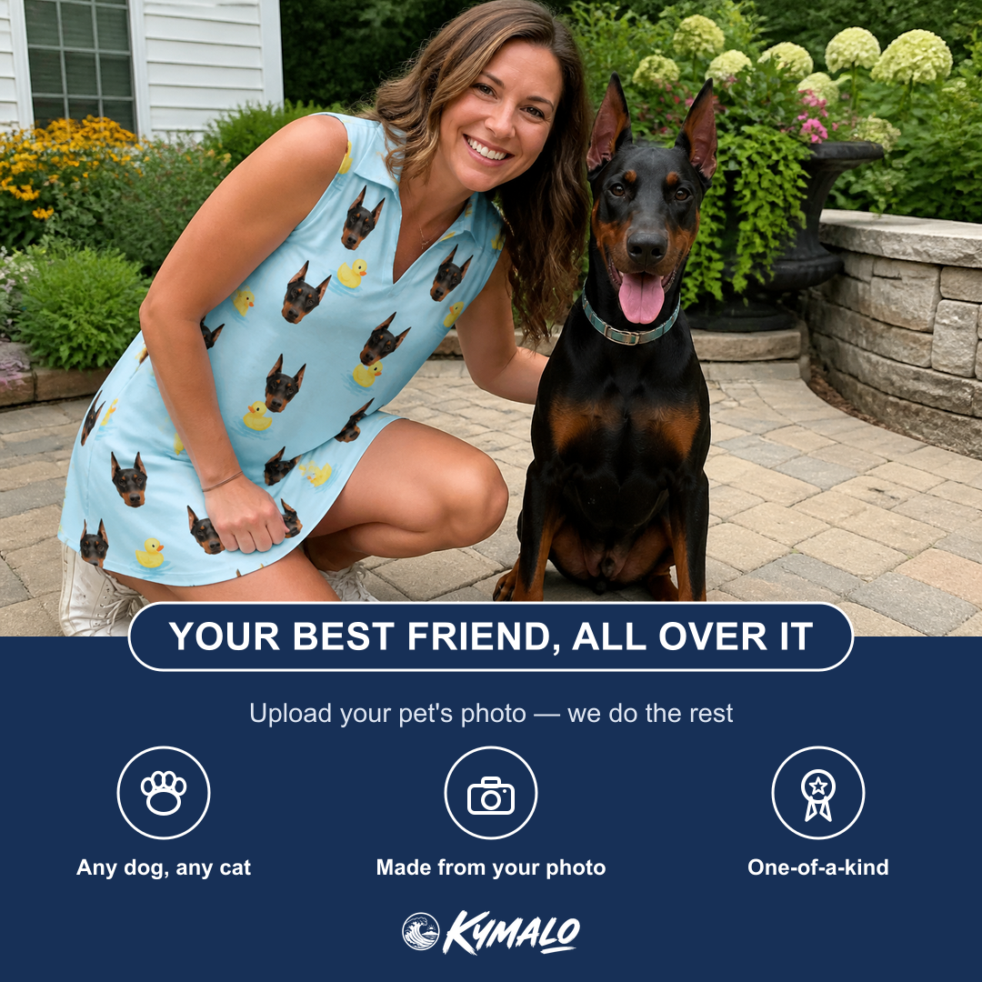 Friends in matching Women's Rubber Rover Custom Dog Face V-Neck Dress — a group gift photo