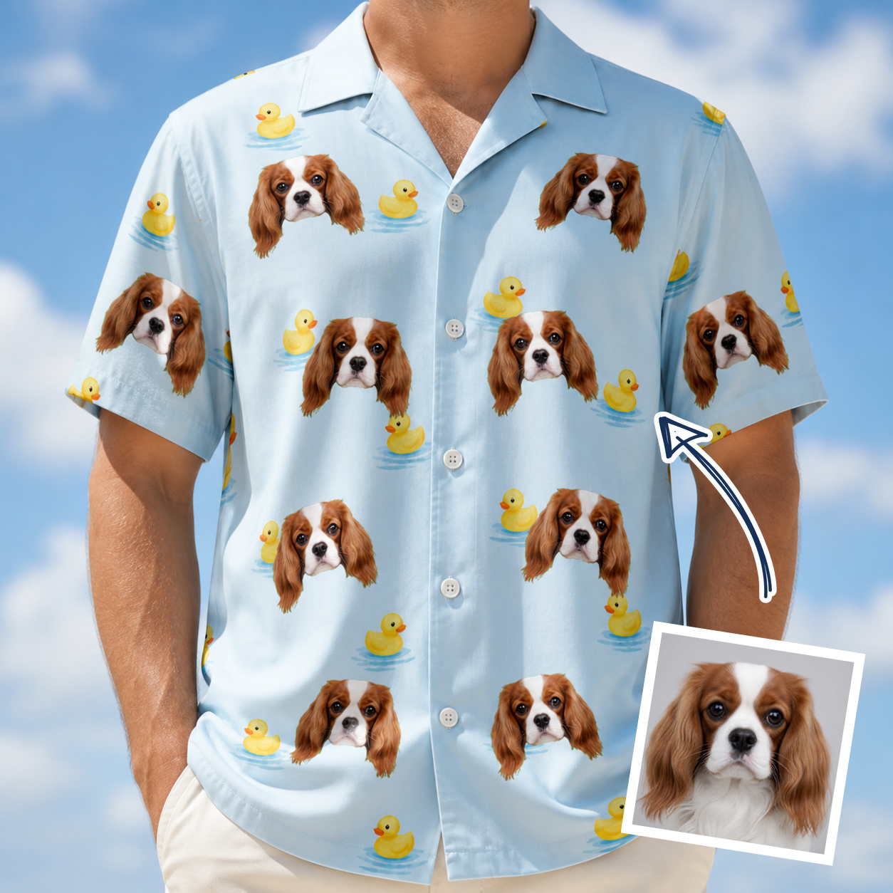 Man wearing Men's Rubber Rover Custom Dog Face Hawaiian Shirt — custom faces printed all-over