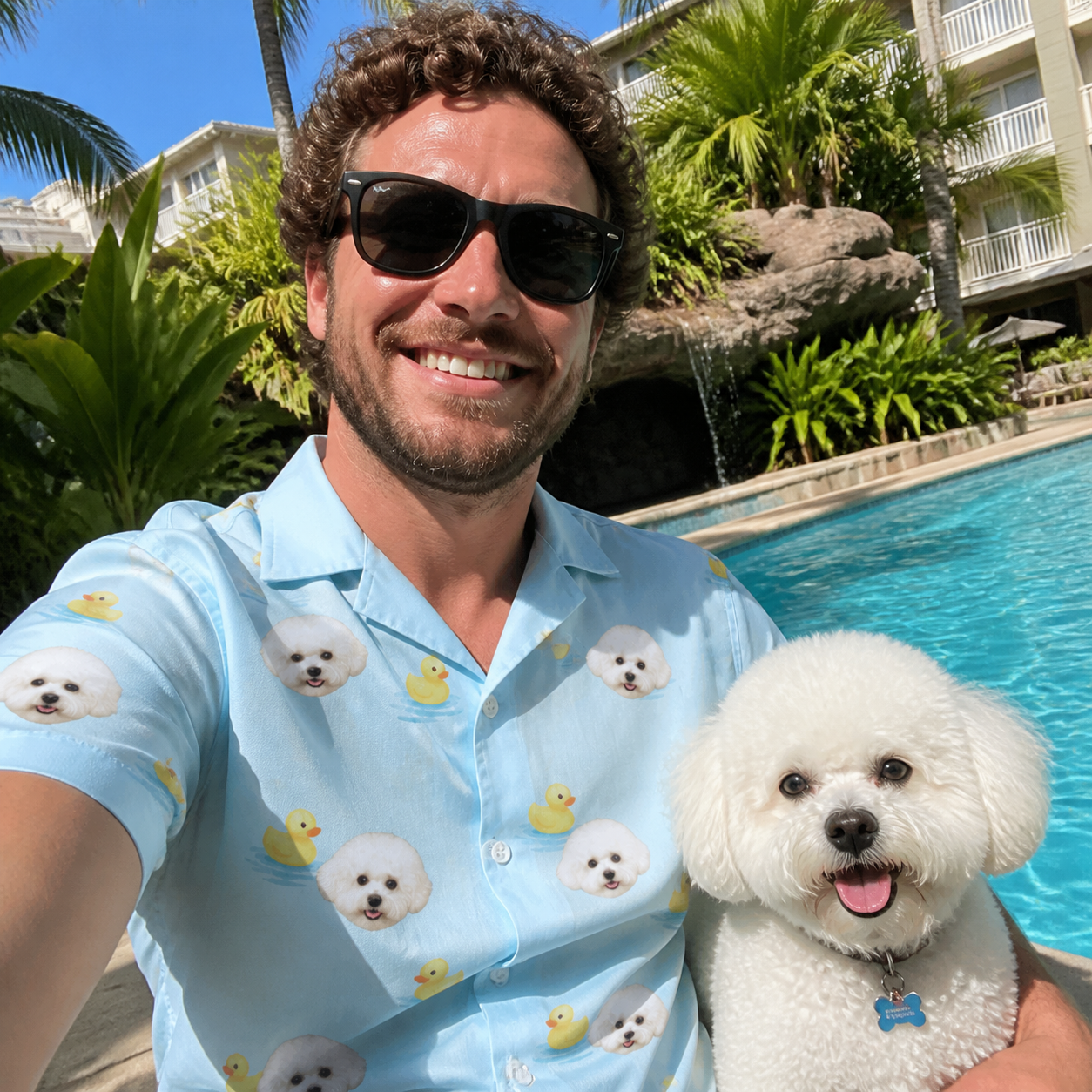Selfie with the pet whose face is printed all over this Men's Rubber Rover Custom Dog Face Hawaiian Shirt
