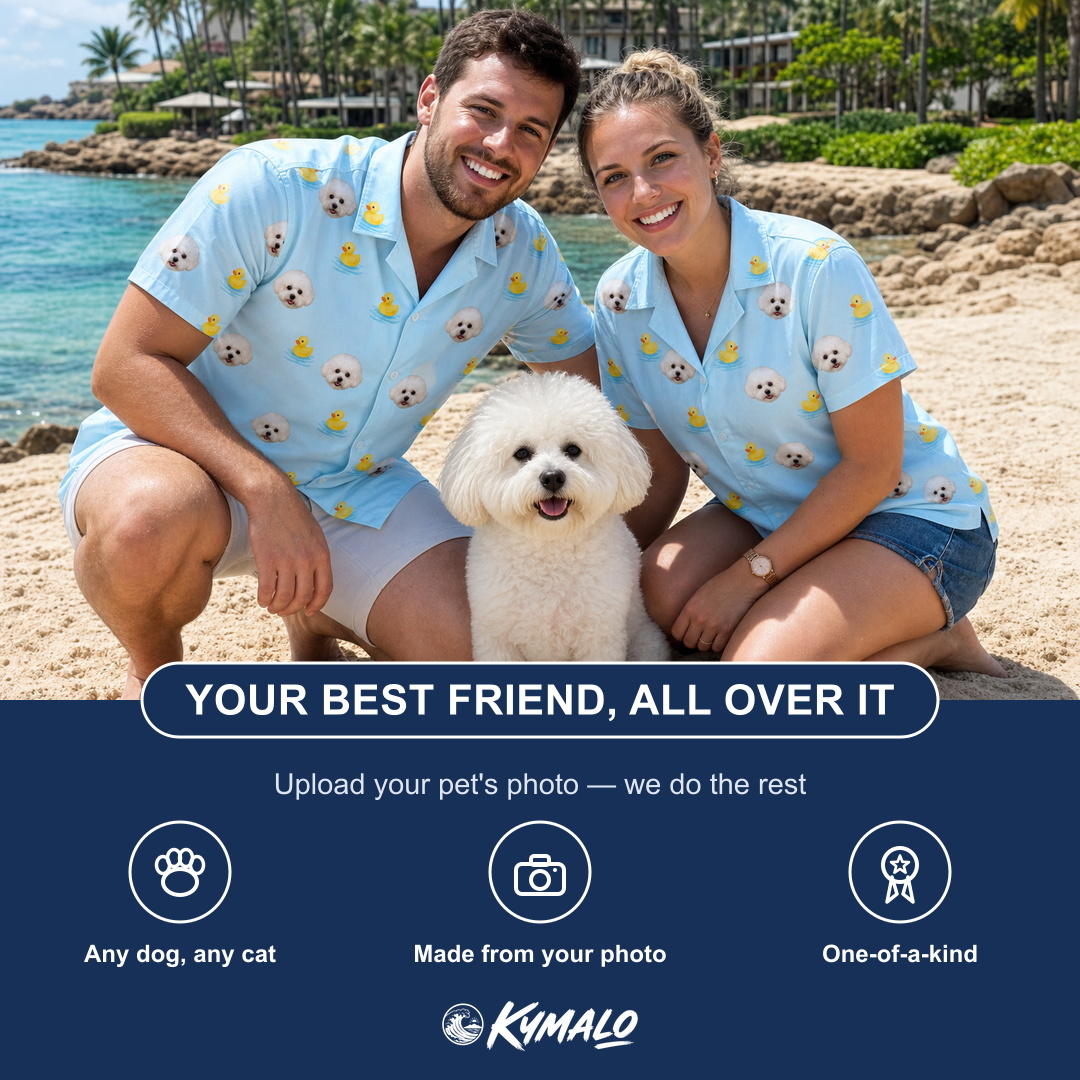 Friends in matching Men's Rubber Rover Custom Dog Face Hawaiian Shirt — a group gift photo
