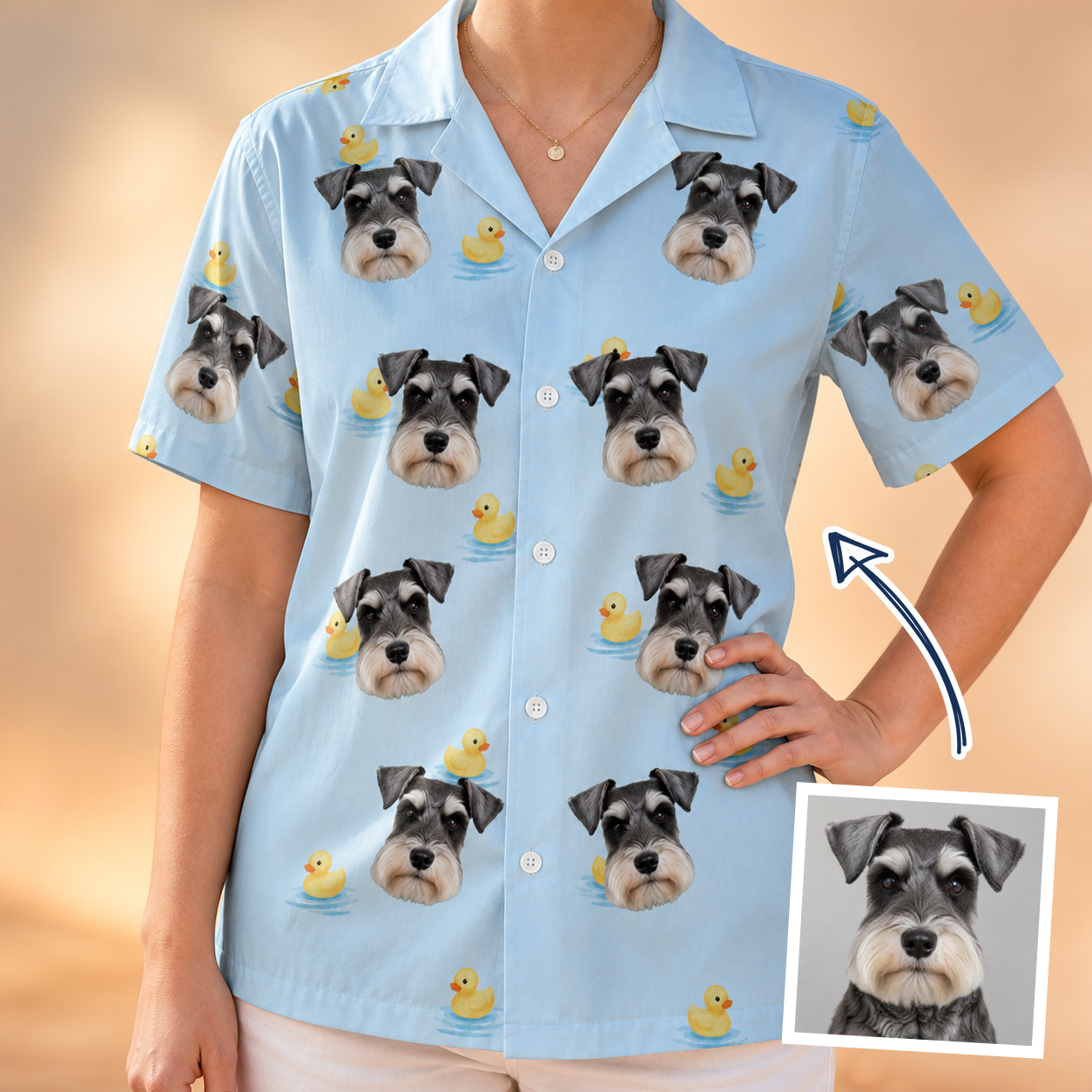 Woman wearing Women's Rubber Rover Custom Dog Face Hawaiian Shirt — custom faces printed all-over