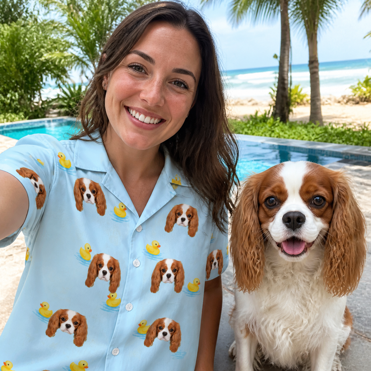 Selfie with the pet whose face is printed all over this Women's Rubber Rover Custom Dog Face Hawaiian Shirt