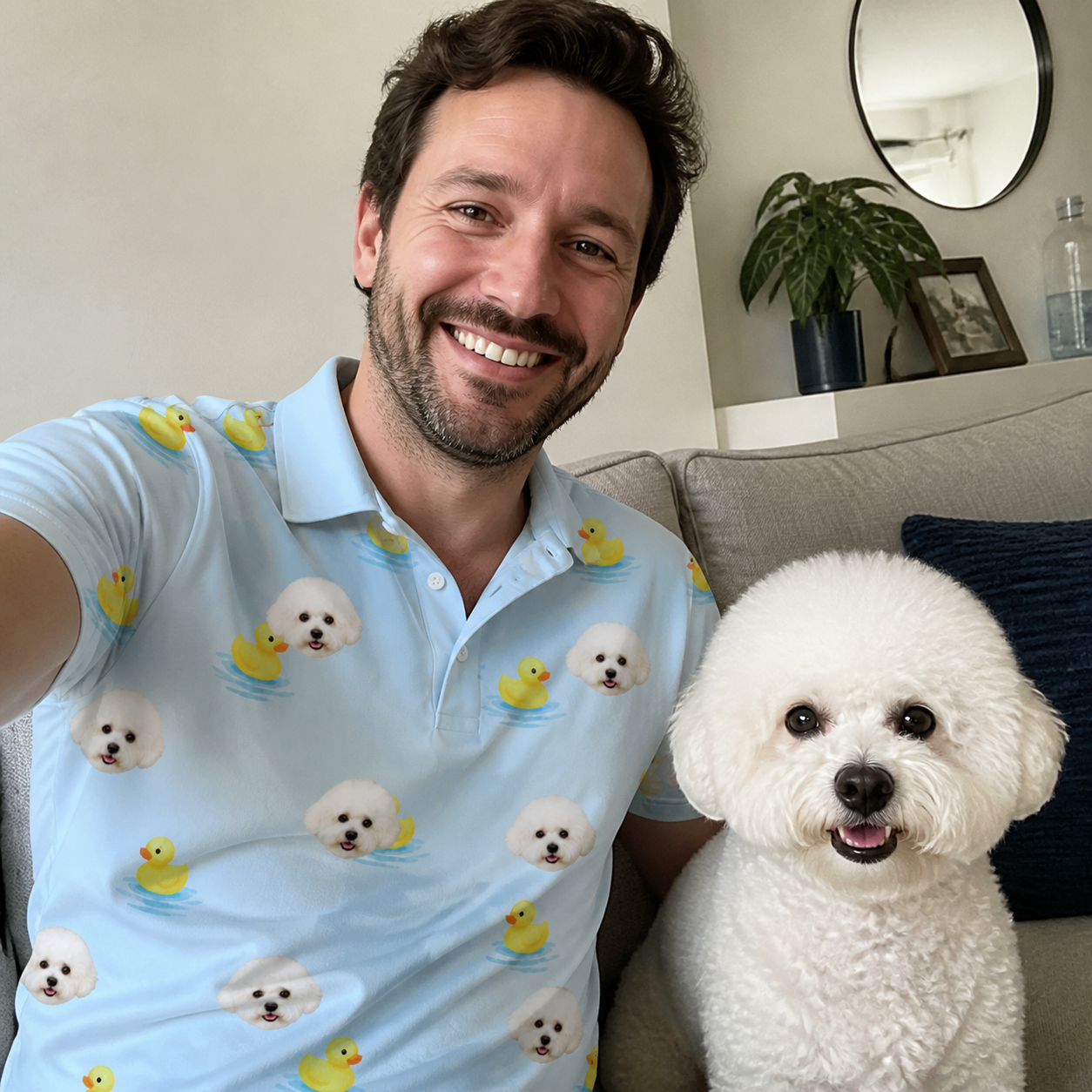 Selfie with the pet whose face is printed all over this Men's Rubber Rover Custom Dog Face Polo Shirt