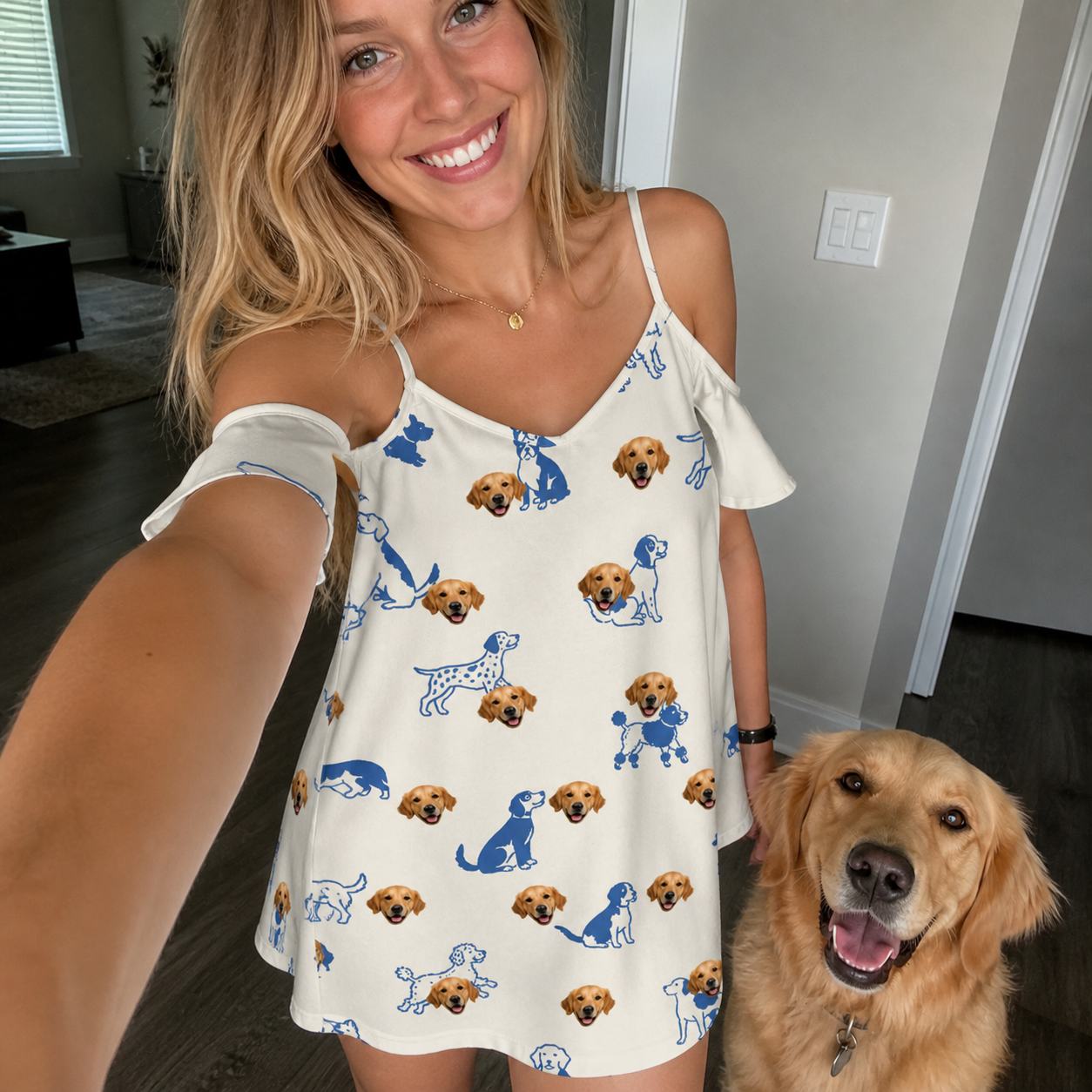 Selfie with the pet whose face is printed all over this Women's Tail Tales Custom Dog Face Off-Shoulder Dress