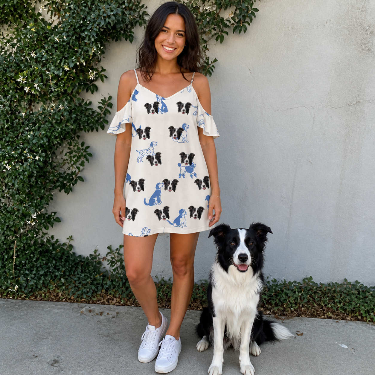Full-length photo with the pet printed all over this Women's Tail Tales Custom Dog Face Off-Shoulder Dress