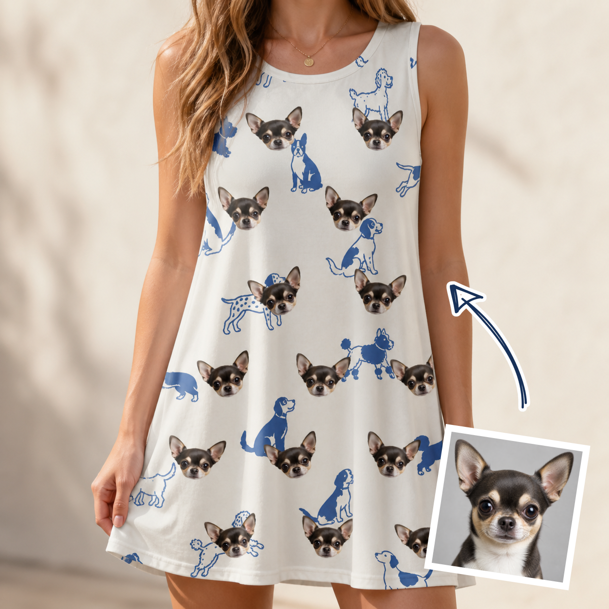 Woman wearing Women's Tail Tales Custom Dog Face Tank Dress — custom faces printed all-over
