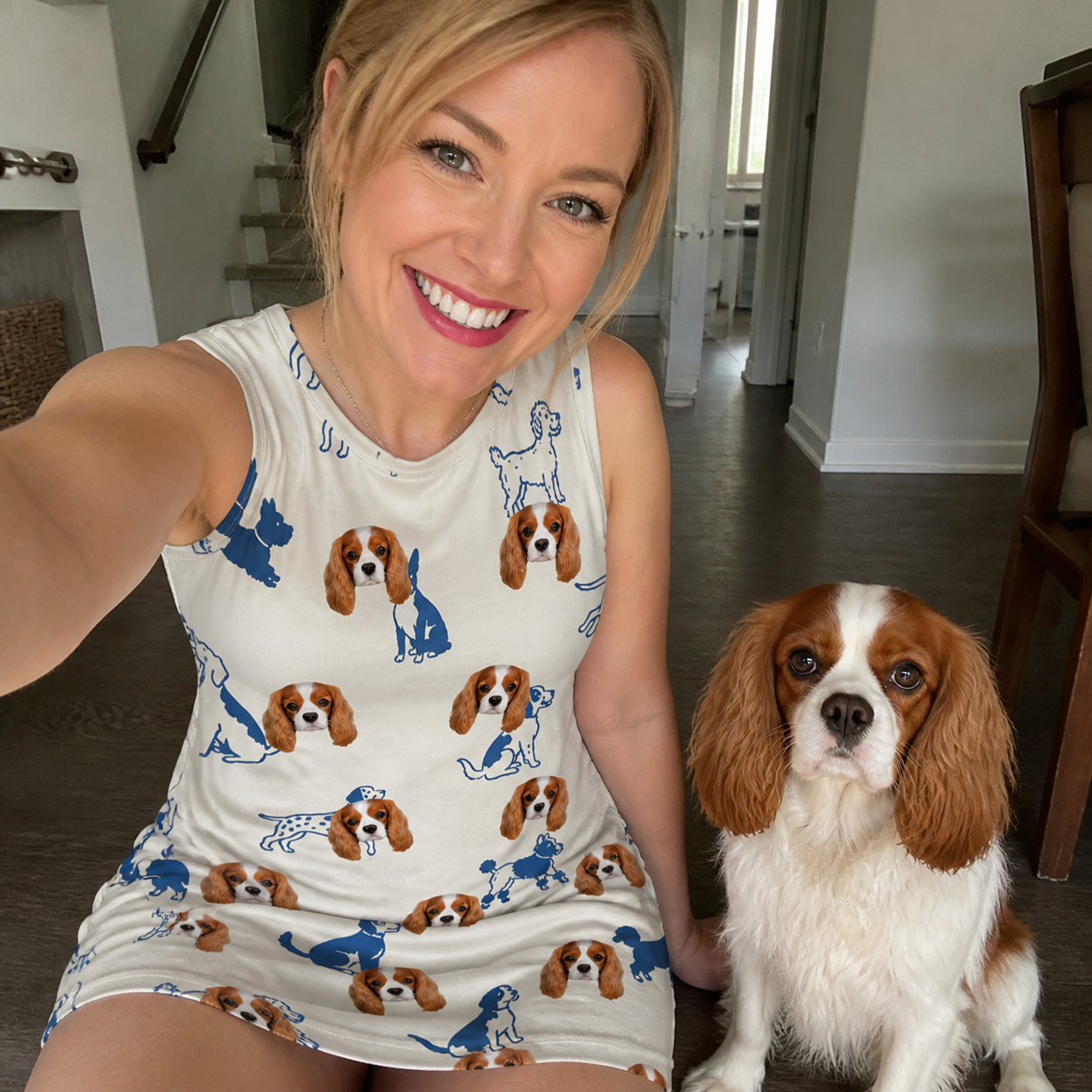 Selfie with the pet whose face is printed all over this Women's Tail Tales Custom Dog Face Tank Dress