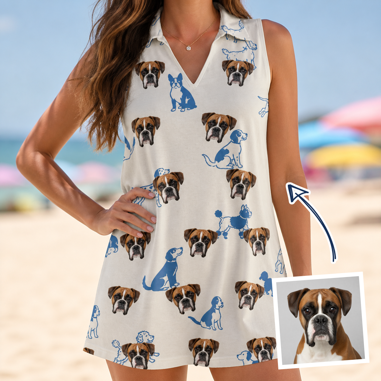 Woman wearing Women's Tail Tales Custom Dog Face V-Neck Dress — custom faces printed all-over