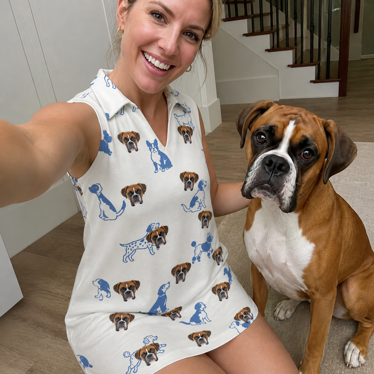Selfie with the pet whose face is printed all over this Women's Tail Tales Custom Dog Face V-Neck Dress