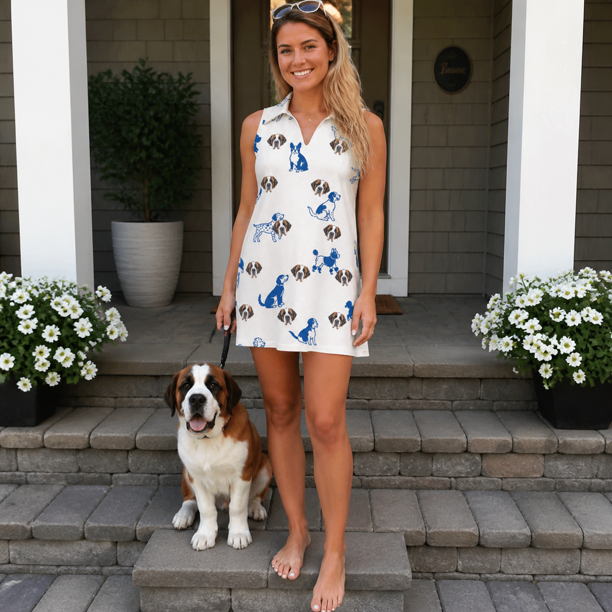 Full-length photo with the pet printed all over this Women's Tail Tales Custom Dog Face V-Neck Dress