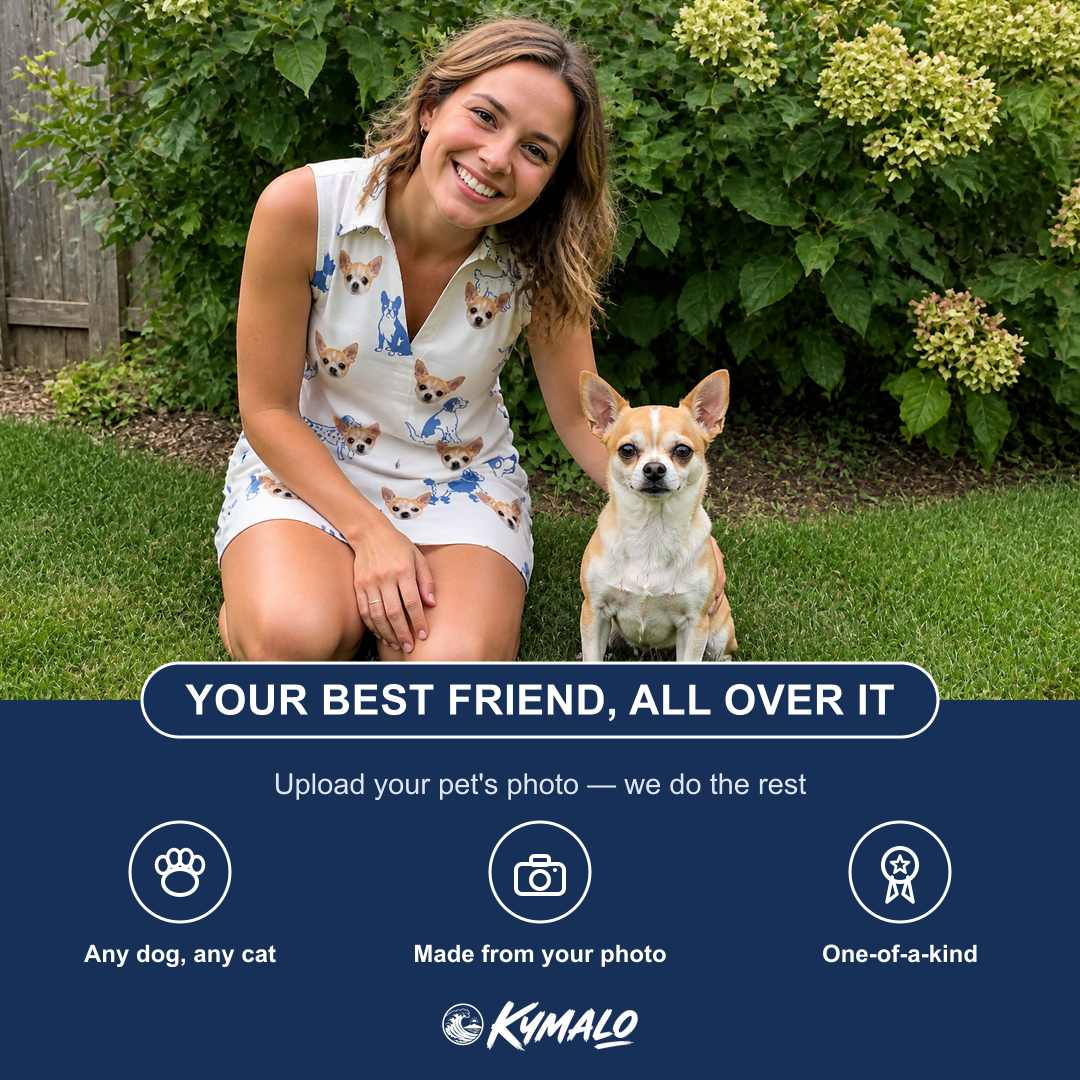 Friends in matching Women's Tail Tales Custom Dog Face V-Neck Dress — a group gift photo