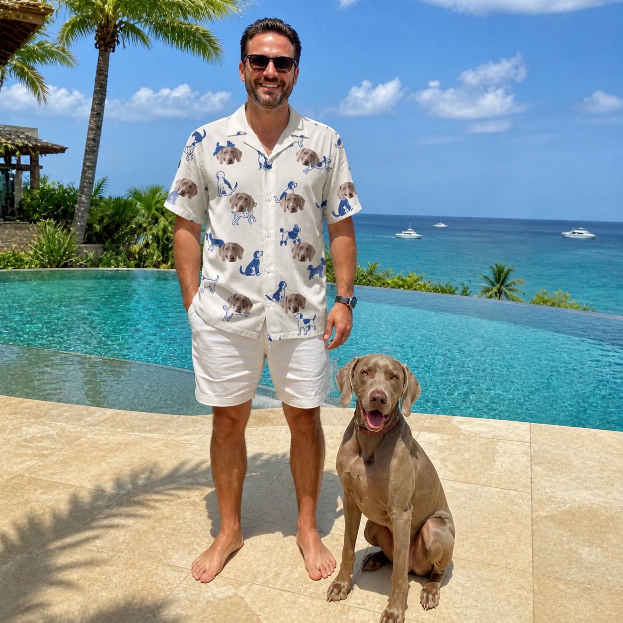 Full-length photo with the pet printed all over this Men's Tail Tales Custom Dog Face Hawaiian Shirt