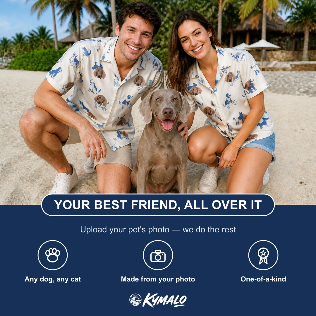 Friends in matching Men's Tail Tales Custom Dog Face Hawaiian Shirt — a group gift photo
