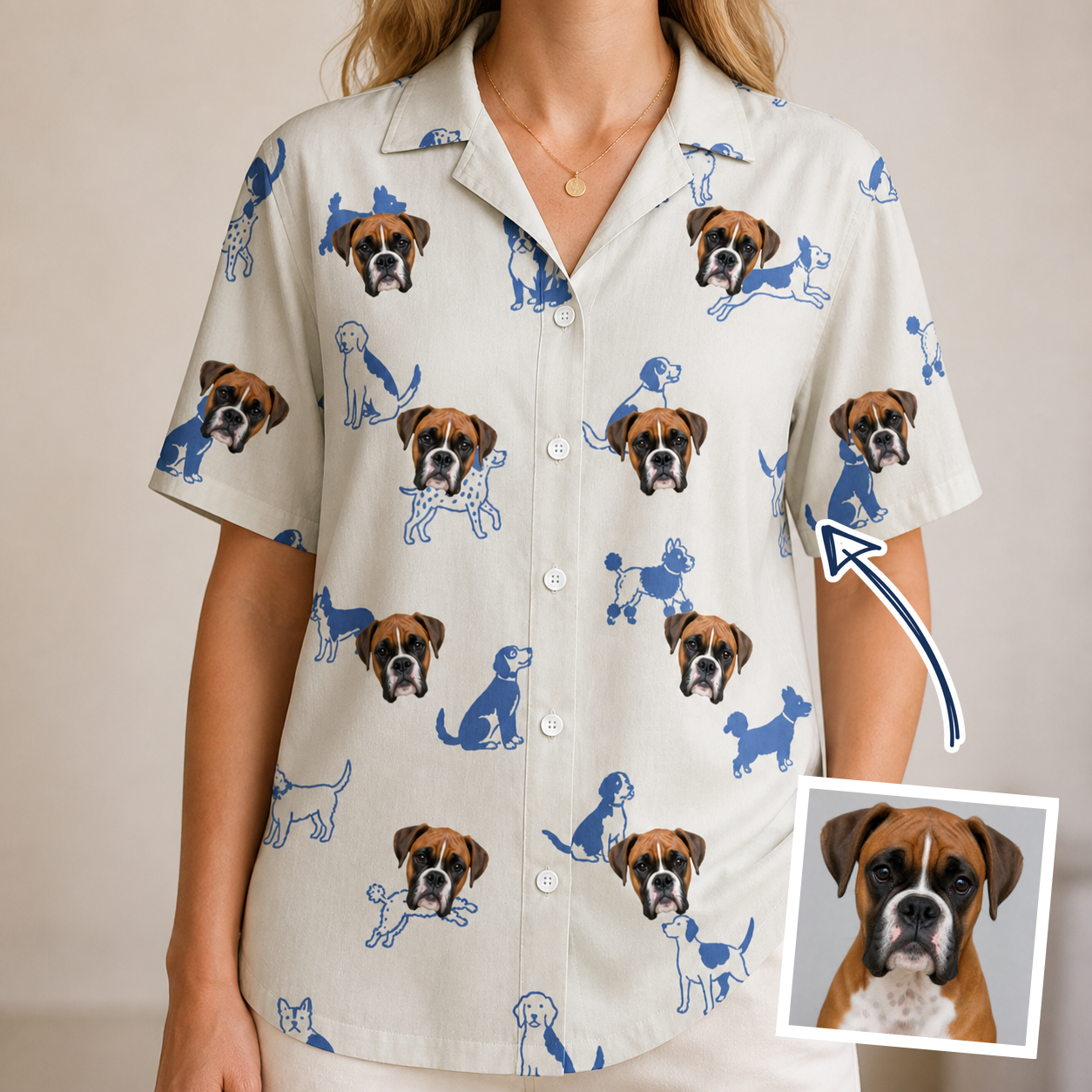 Woman wearing Women's Tail Tales Custom Dog Face Hawaiian Shirt — custom faces printed all-over