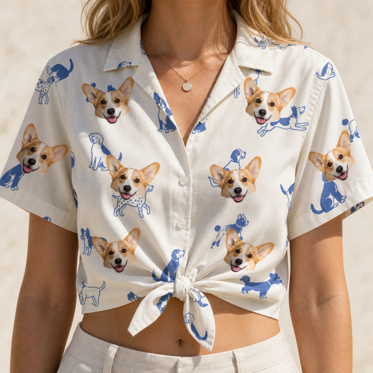Woman wearing Women's Tail Tales Custom Dog Face Hawaiian Shirt tied at the waist
