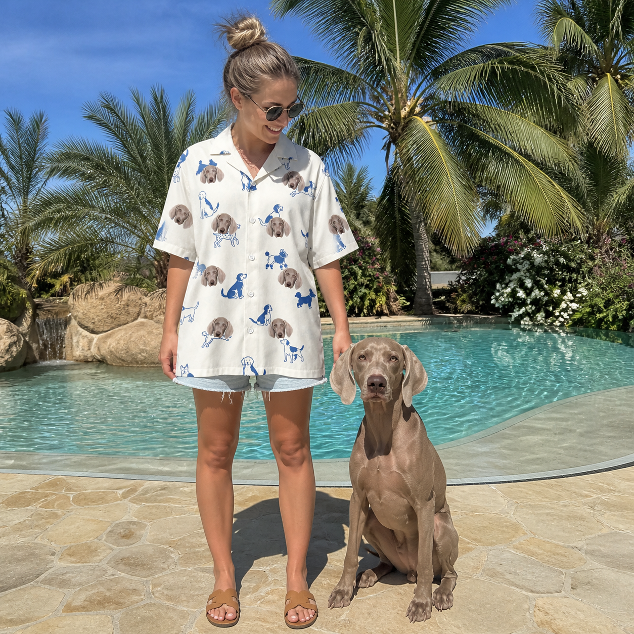 Full-length photo with the pet printed all over this Women's Tail Tales Custom Dog Face Hawaiian Shirt