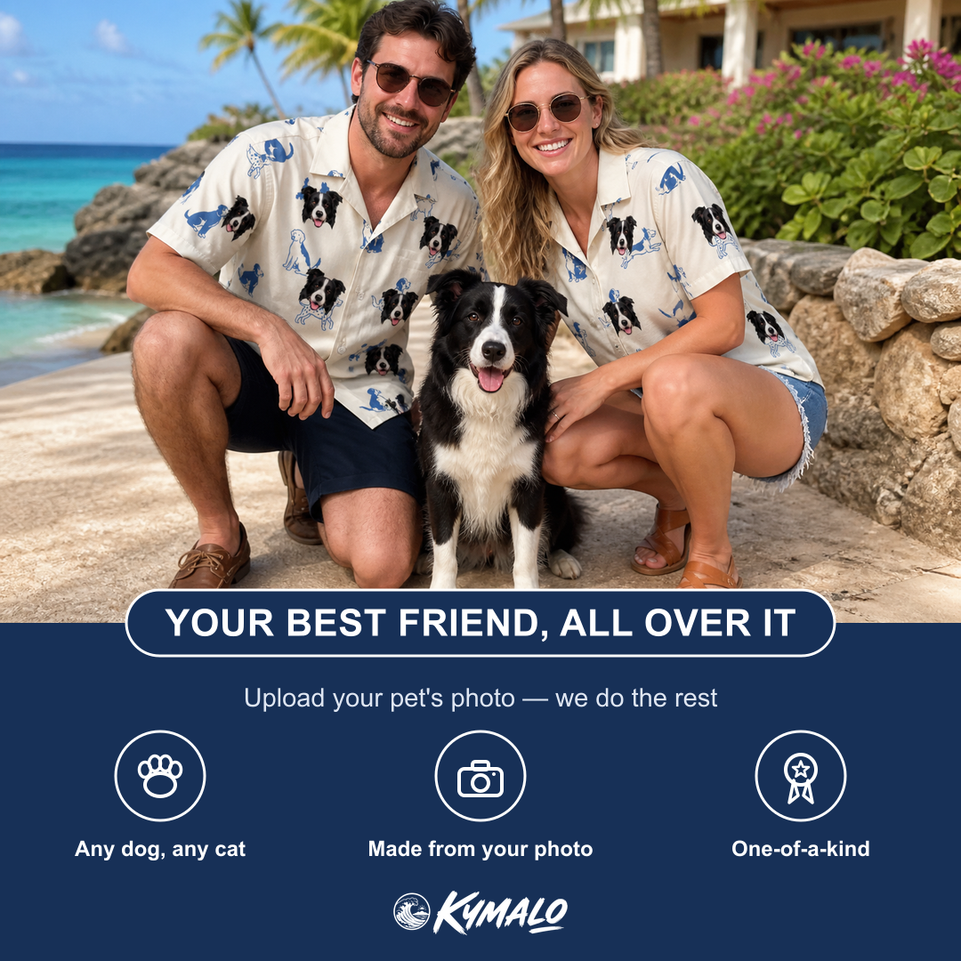 Friends in matching Women's Tail Tales Custom Dog Face Hawaiian Shirt — a group gift photo