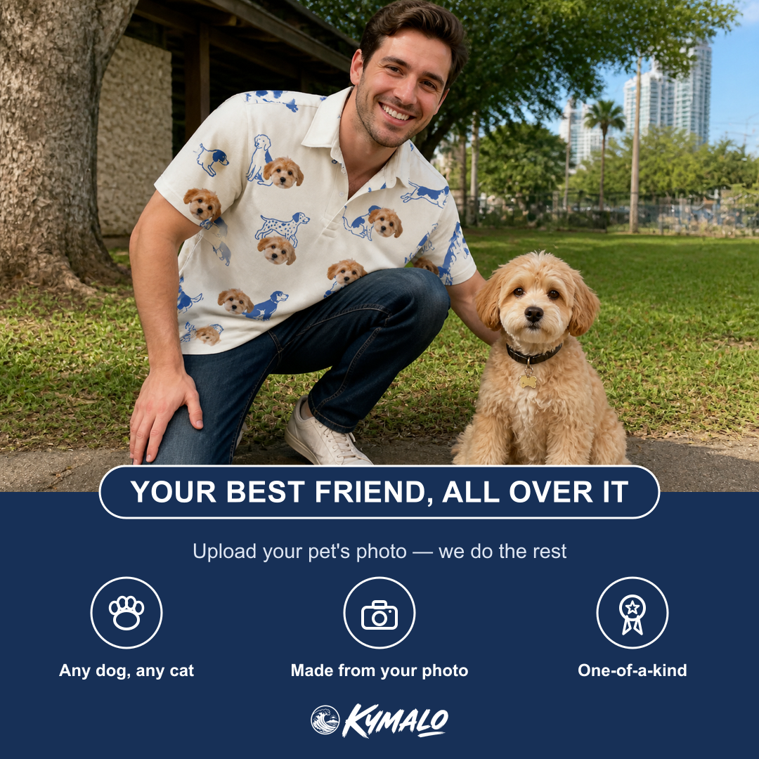 Friends in matching Men's Tail Tales Custom Dog Face Polo Shirt — a group gift photo