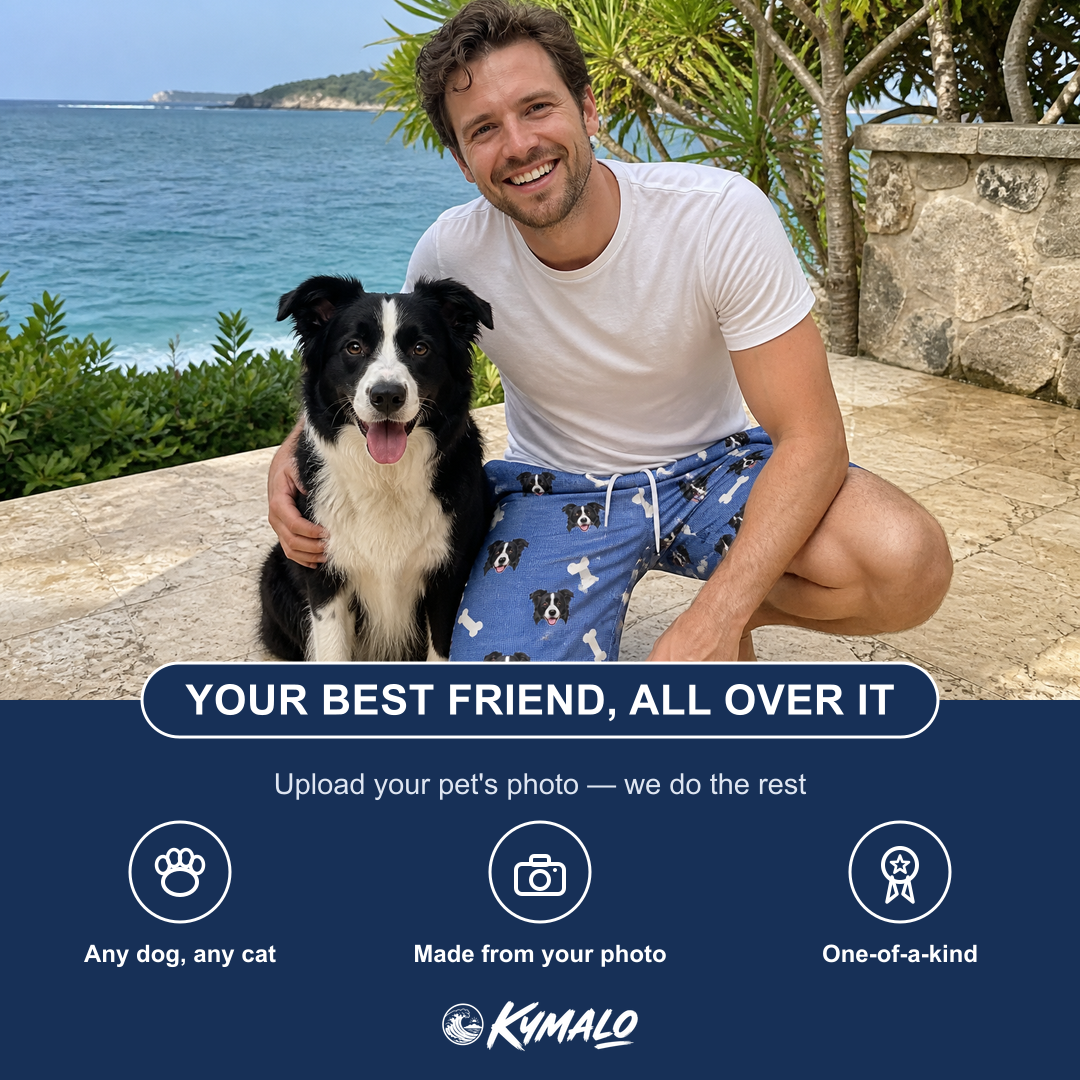 Friends in matching Men's Waggle Wafers Custom Dog Face Beach Shorts — a group gift photo