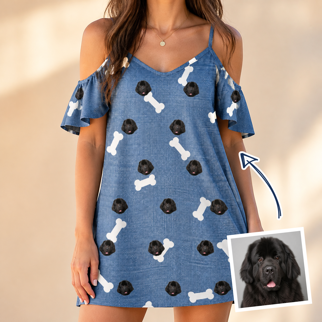 Woman wearing Women's Waggle Wafers Custom Dog Face Off-Shoulder Dress — custom faces printed all-over