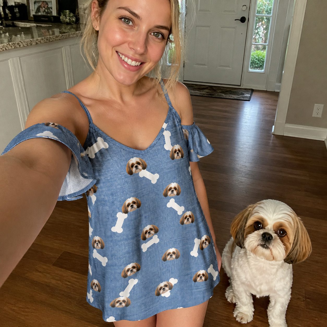 Selfie with the pet whose face is printed all over this Women's Waggle Wafers Custom Dog Face Off-Shoulder Dress
