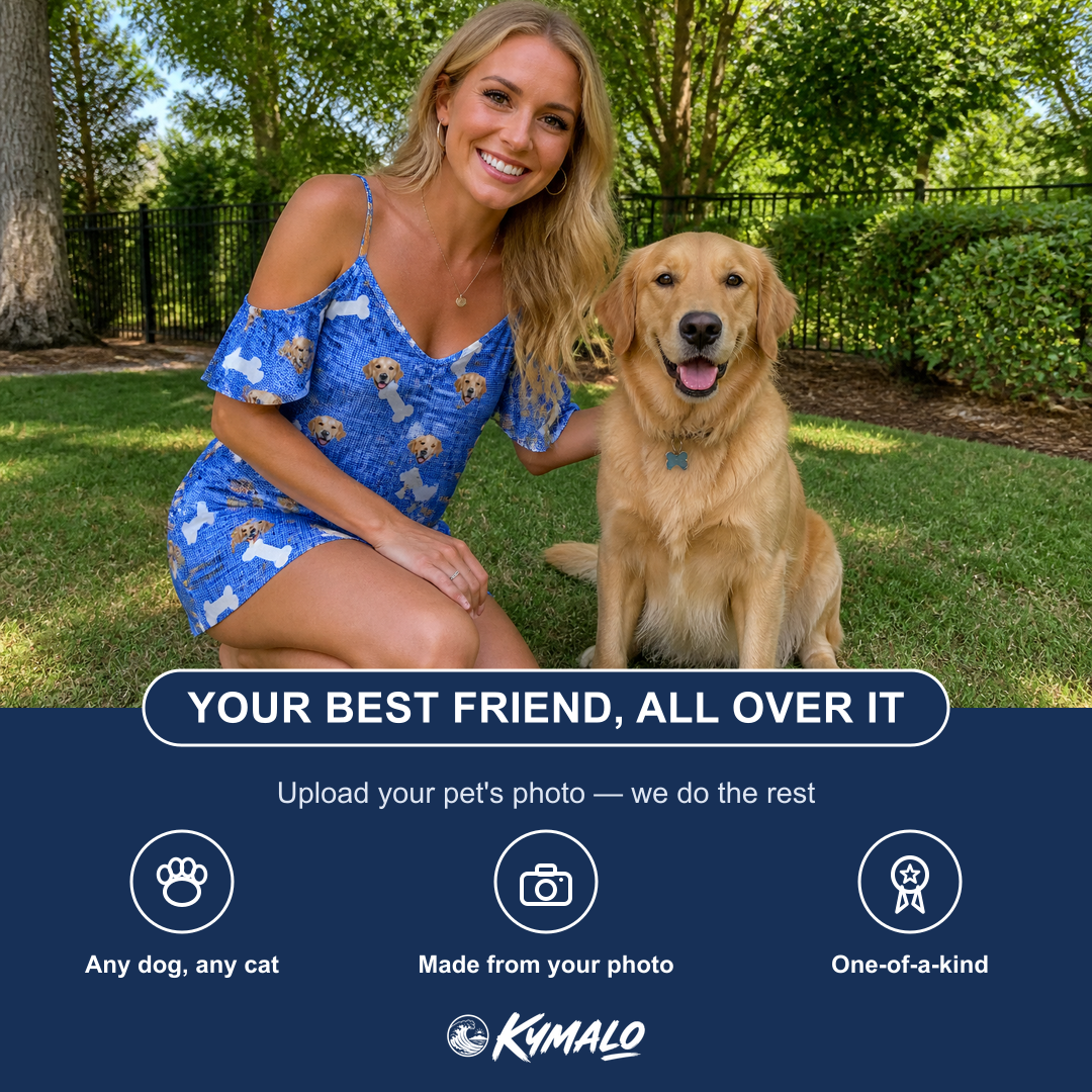 Friends in matching Women's Waggle Wafers Custom Dog Face Off-Shoulder Dress — a group gift photo
