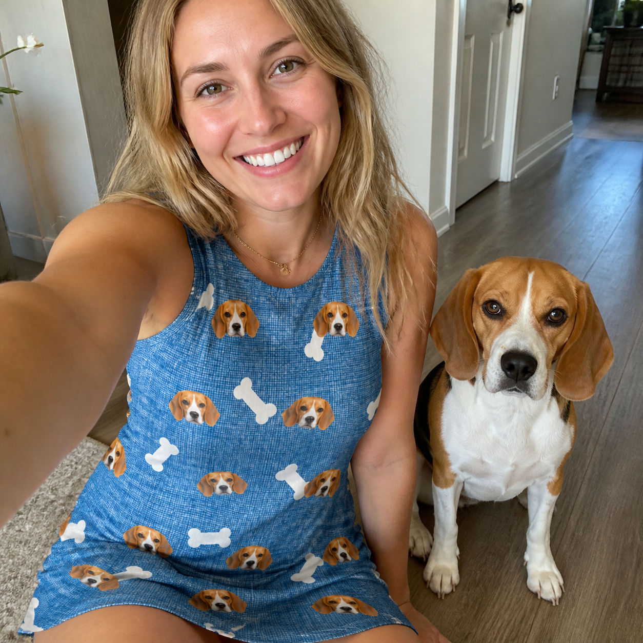 Selfie with the pet whose face is printed all over this Women's Waggle Wafers Custom Dog Face Tank Dress