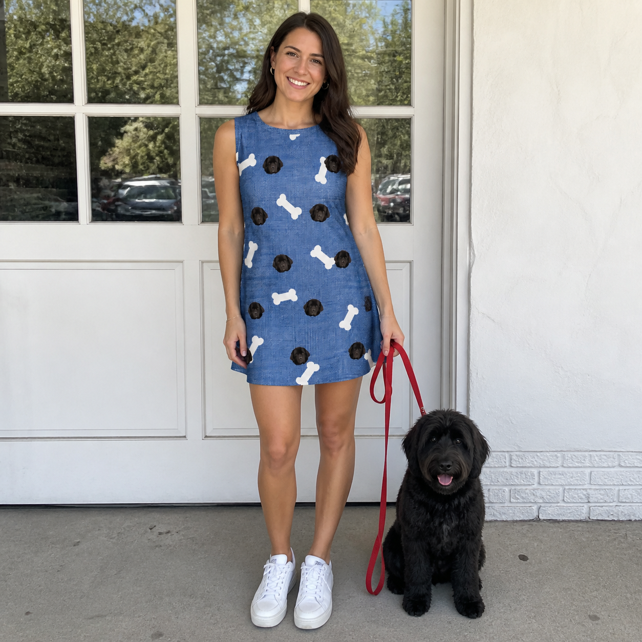 Full-length photo with the pet printed all over this Women's Waggle Wafers Custom Dog Face Tank Dress