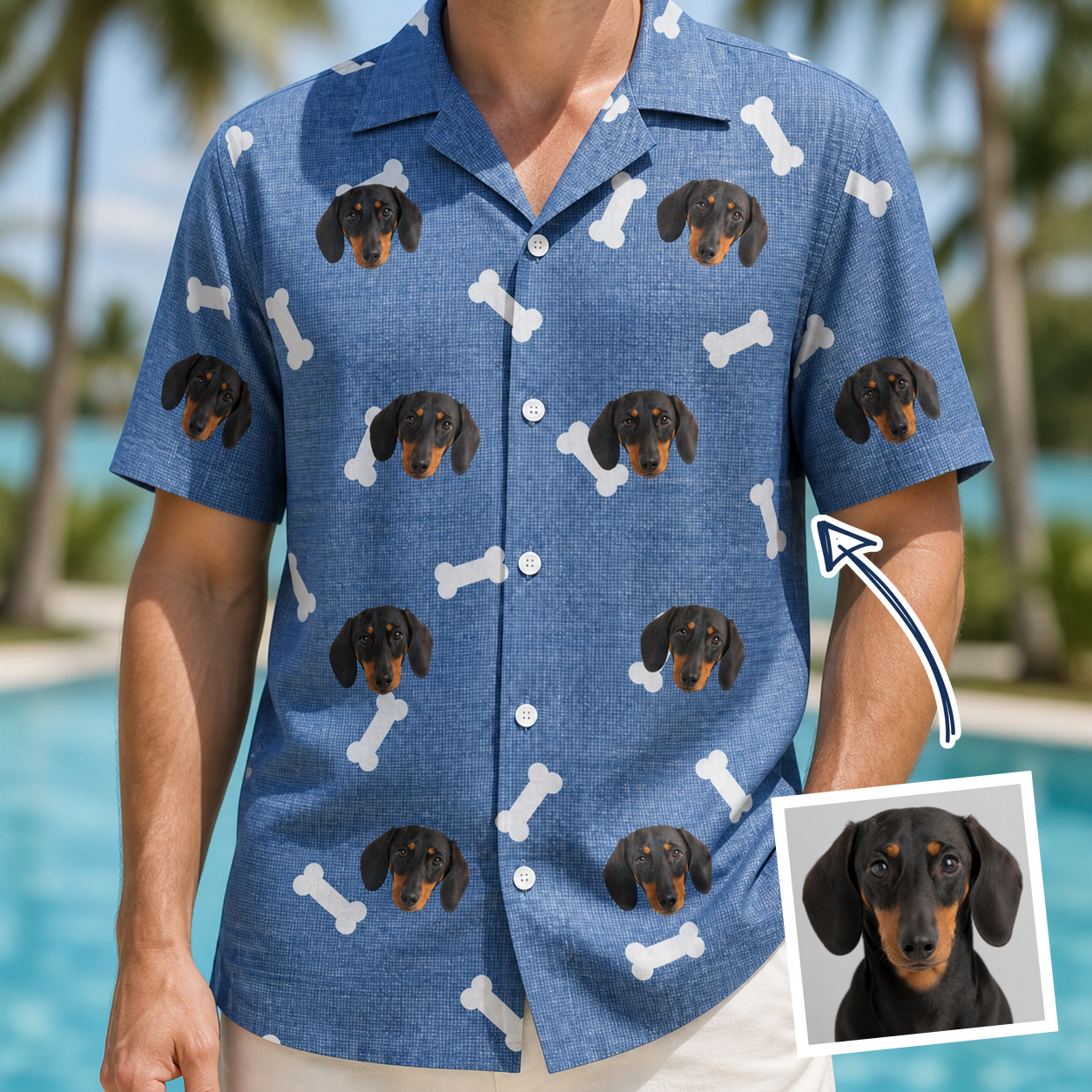 Man wearing Men's Waggle Wafers Custom Dog Face Hawaiian Shirt — custom faces printed all-over