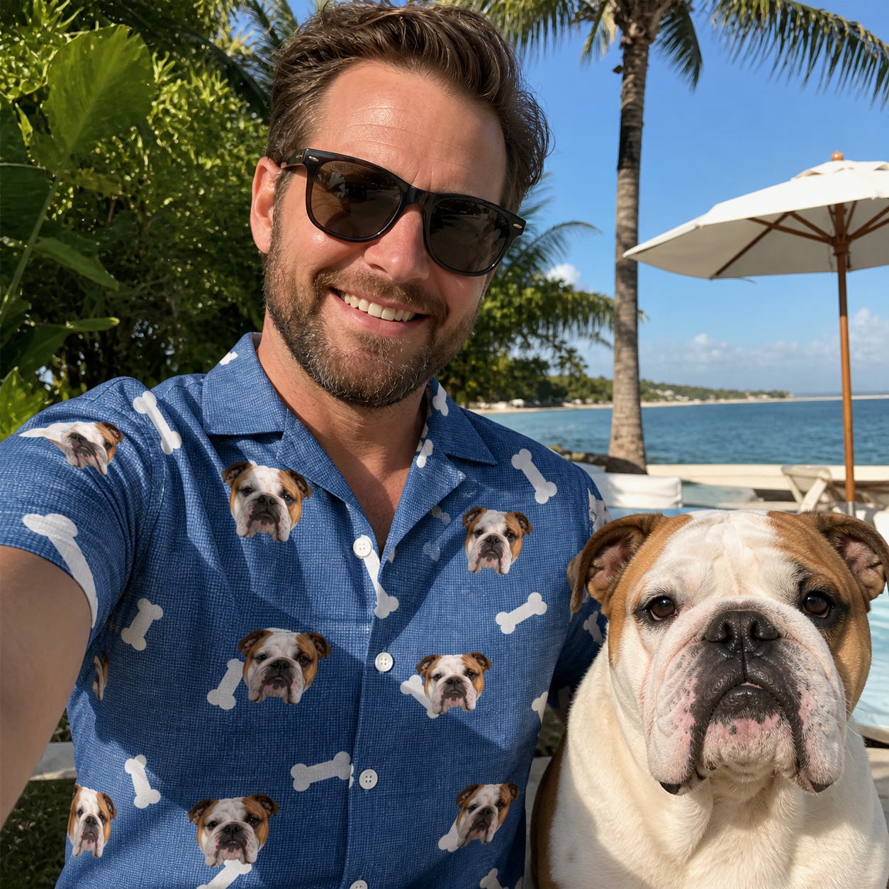 Selfie with the pet whose face is printed all over this Men's Waggle Wafers Custom Dog Face Hawaiian Shirt