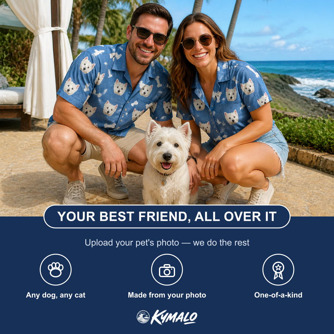Friends in matching Women's Waggle Wafers Custom Dog Face Hawaiian Shirt — a group gift photo