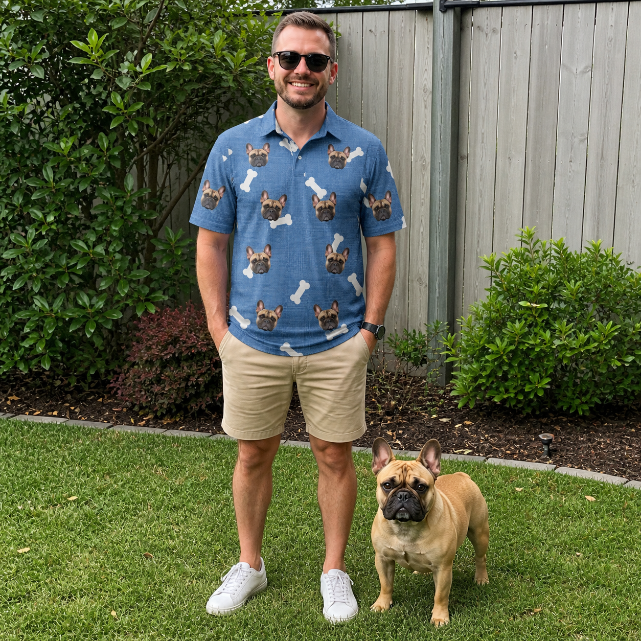 Full-length photo with the pet printed all over this Men's Waggle Wafers Custom Dog Face Polo Shirt