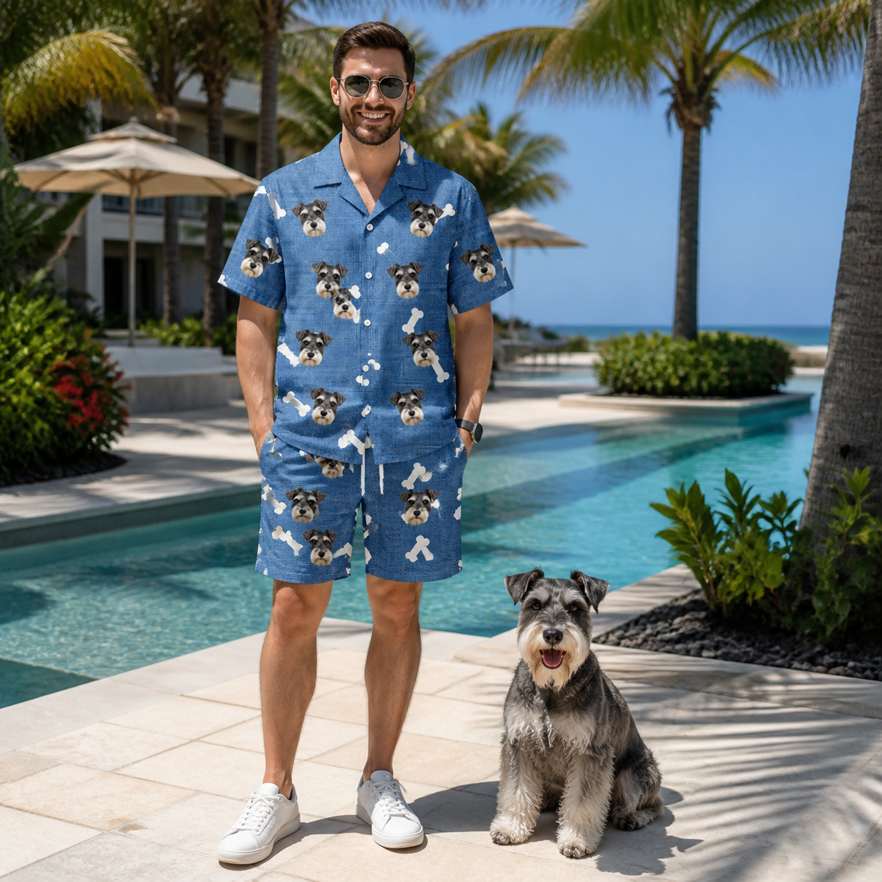 Full-length photo with the pet printed all over this Men's Waggle Wafers Custom Dog Face Shirt & Shorts Set