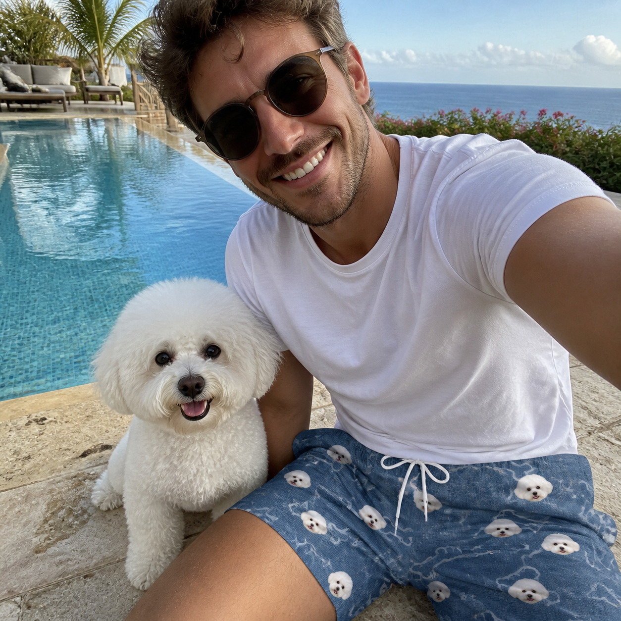 Selfie with the pet whose face is printed all over this Men's Canine Crunch Custom Dog Face Beach Shorts
