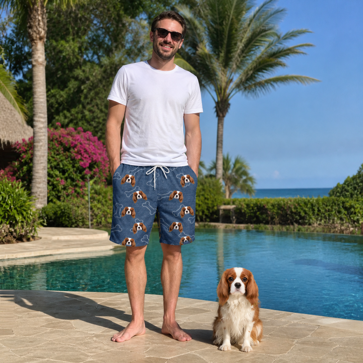 Full-length photo with the pet printed all over this Men's Canine Crunch Custom Dog Face Beach Shorts