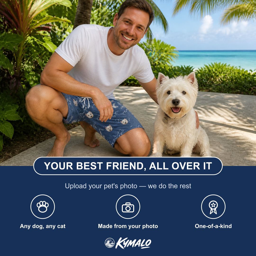 Friends in matching Men's Canine Crunch Custom Dog Face Beach Shorts — a group gift photo