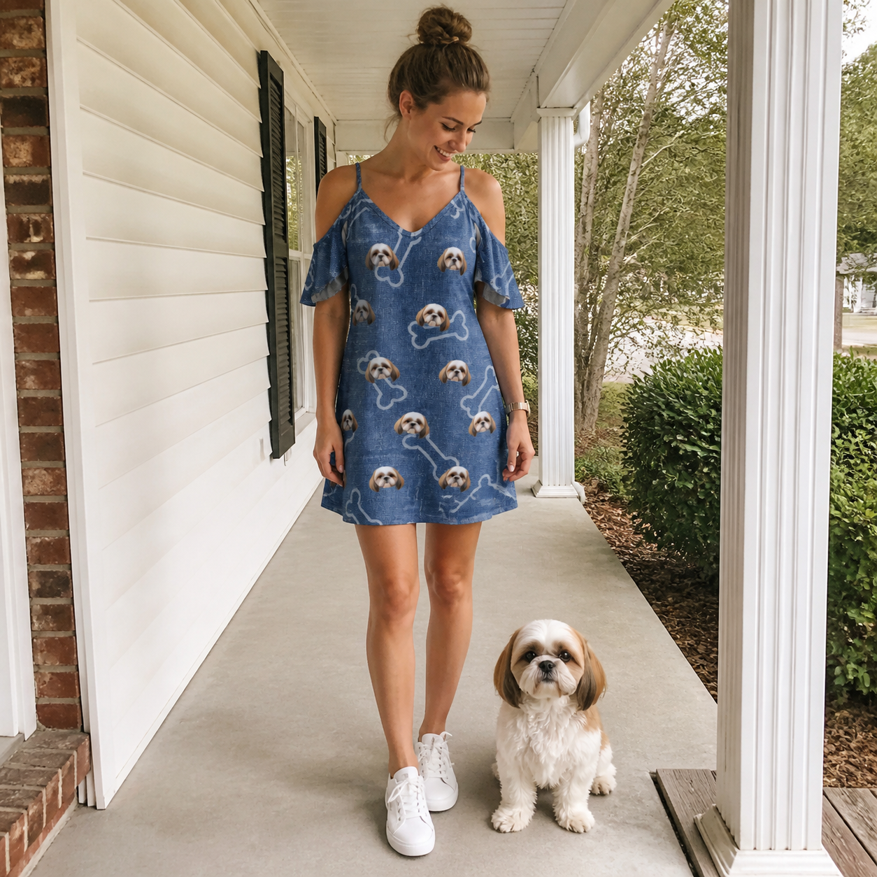 Full-length photo with the pet printed all over this Women's Canine Crunch Custom Dog Face Off-Shoulder Dress