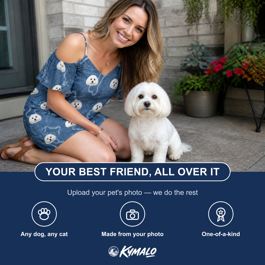 Friends in matching Women's Canine Crunch Custom Dog Face Off-Shoulder Dress — a group gift photo