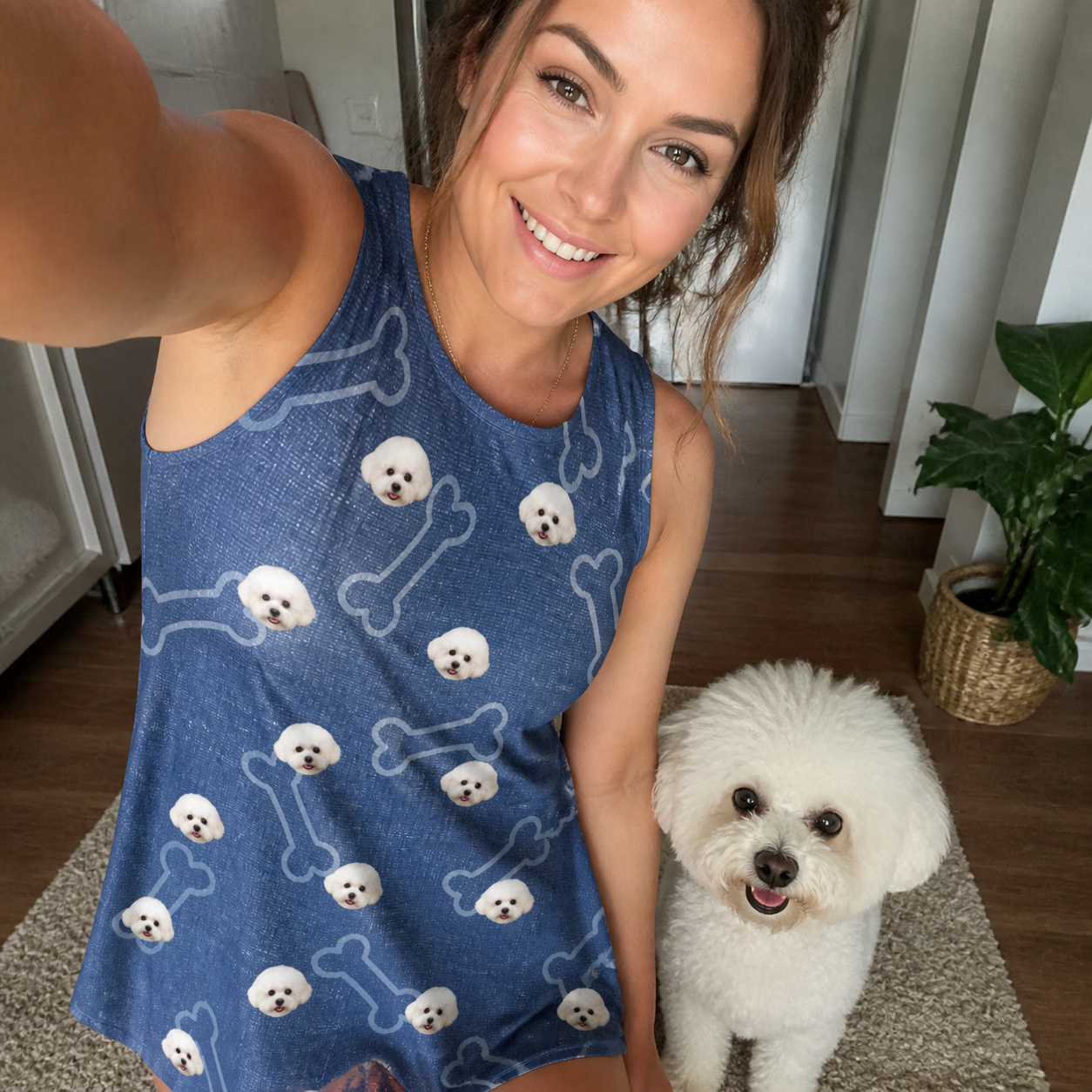 Selfie with the pet whose face is printed all over this Women's Canine Crunch Custom Dog Face Tank Dress