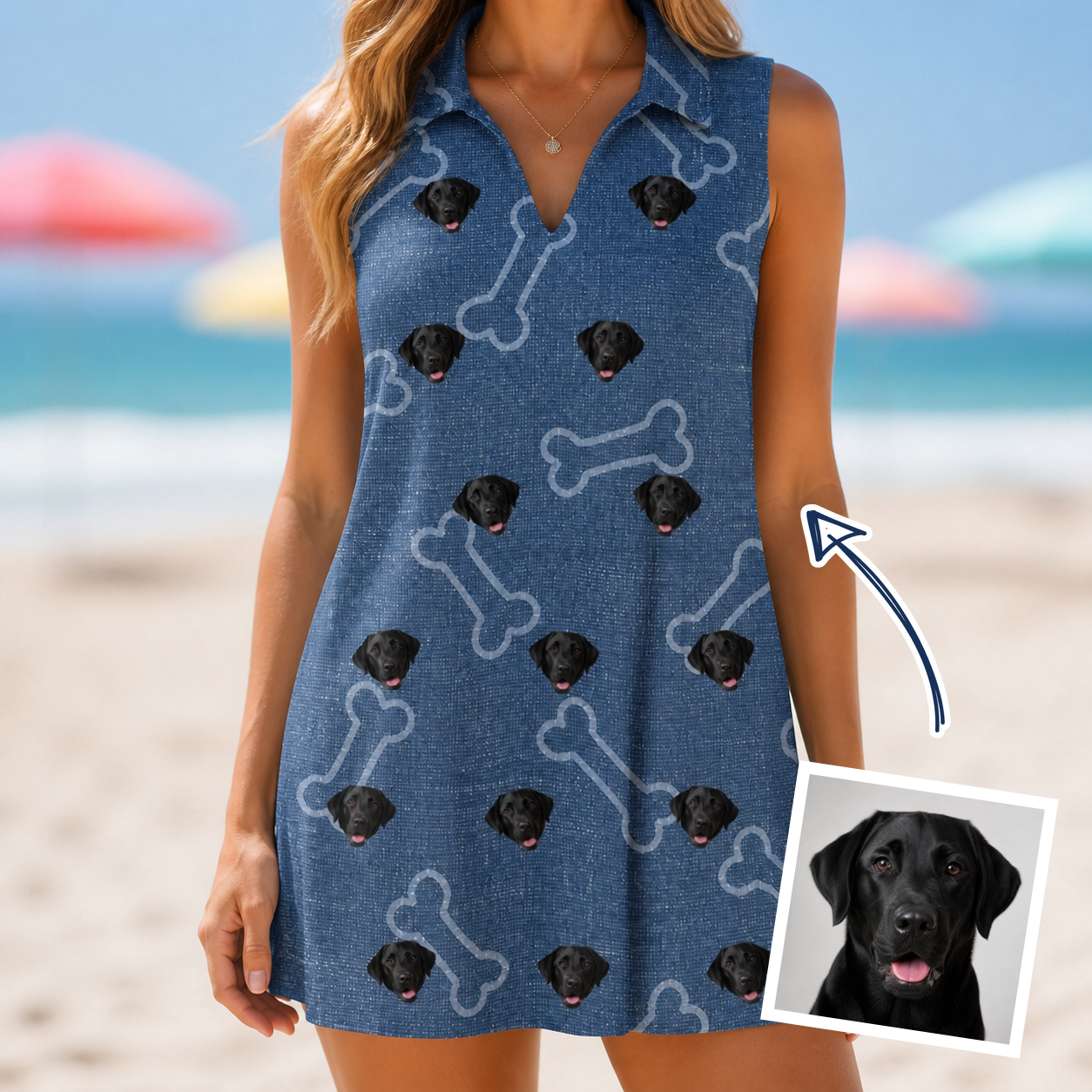 Woman wearing Women's Canine Crunch Custom Dog Face V-Neck Dress — custom faces printed all-over