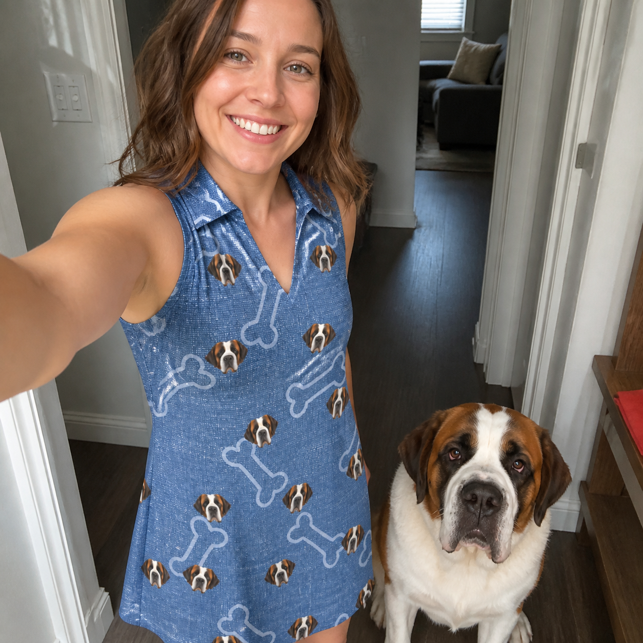 Selfie with the pet whose face is printed all over this Women's Canine Crunch Custom Dog Face V-Neck Dress