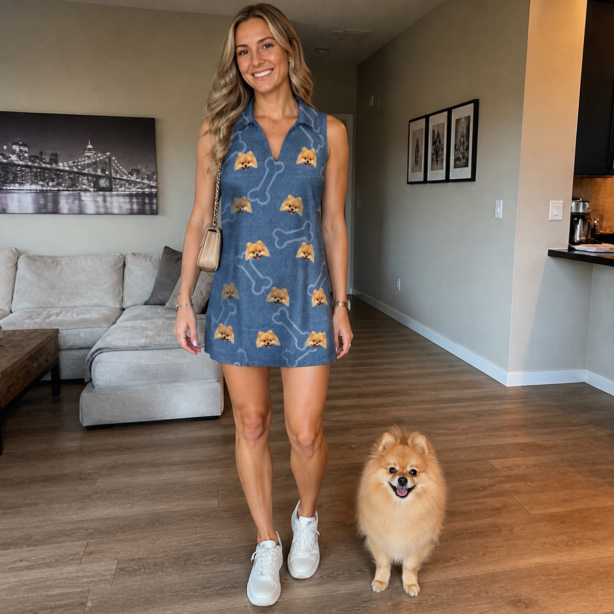 Full-length photo with the pet printed all over this Women's Canine Crunch Custom Dog Face V-Neck Dress