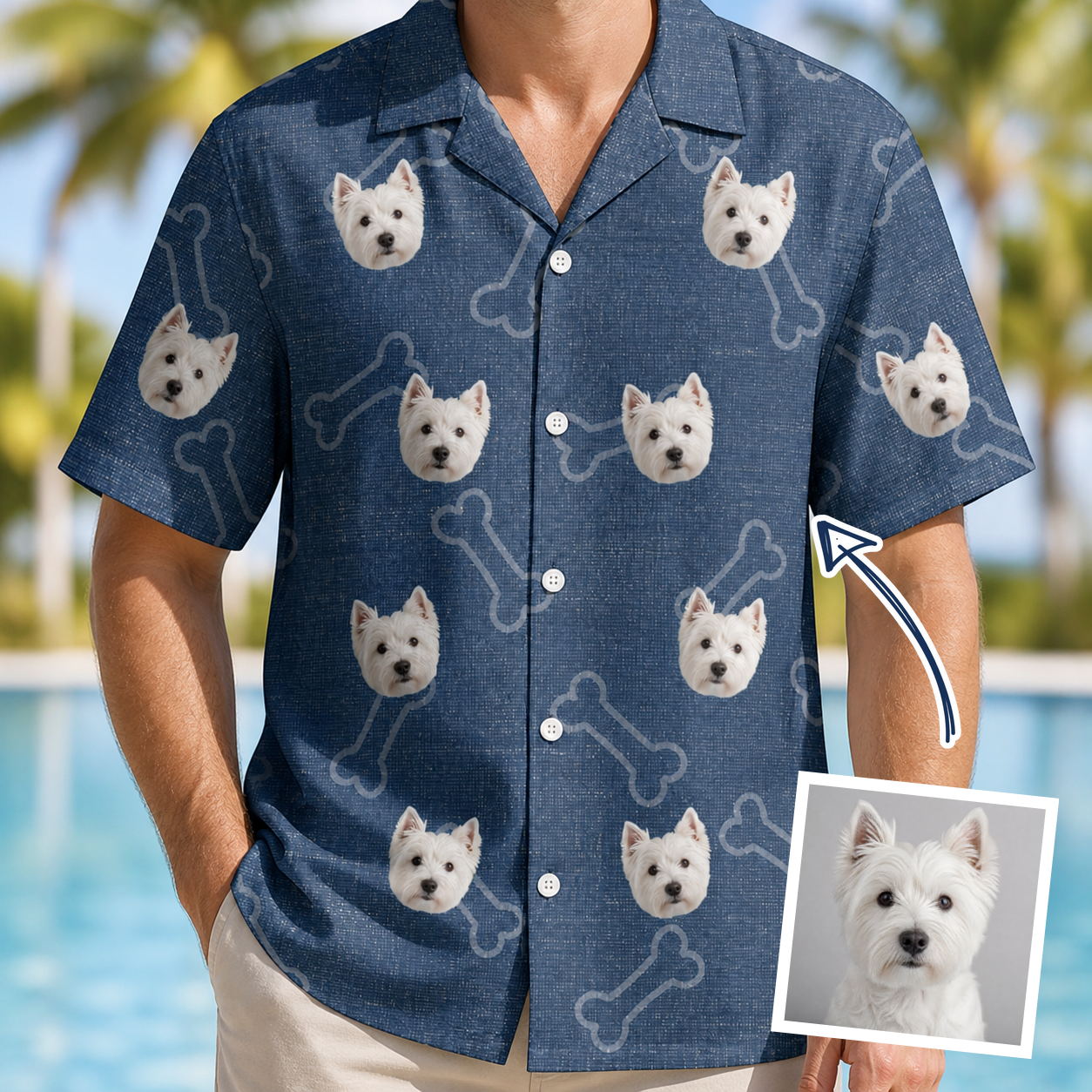 Man wearing Men's Canine Crunch Custom Dog Face Hawaiian Shirt — custom faces printed all-over