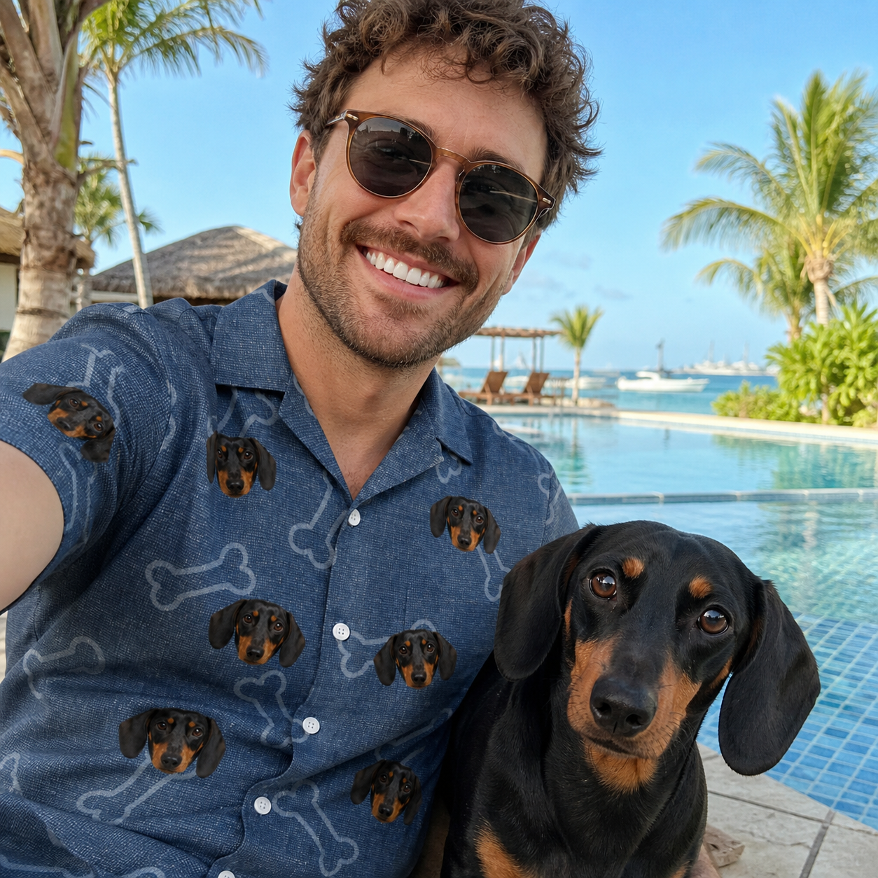 Selfie with the pet whose face is printed all over this Men's Canine Crunch Custom Dog Face Hawaiian Shirt