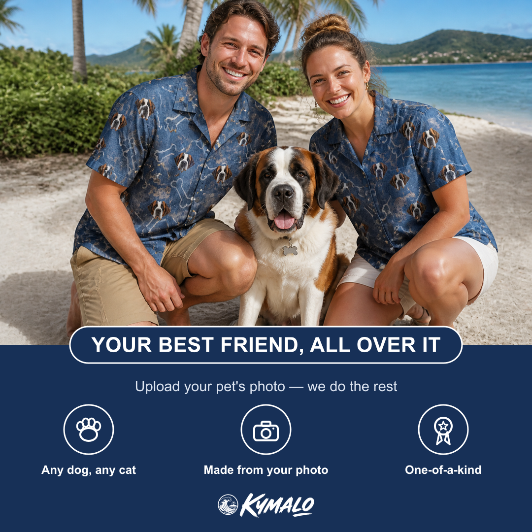 Friends in matching Men's Canine Crunch Custom Dog Face Hawaiian Shirt — a group gift photo